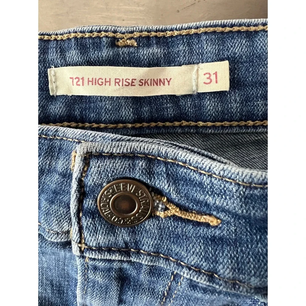 Levi 721 High Rise Skinny Womens 31 Jeans Blue Distressed Denim Good